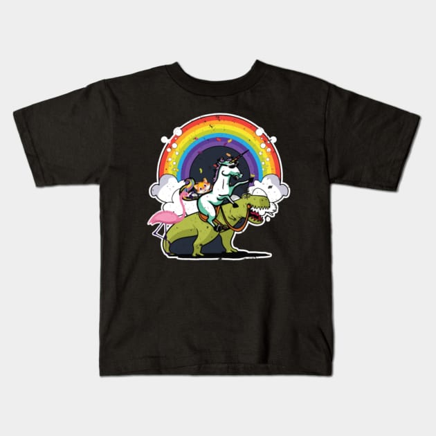 Unicorn Riding T Rex With A Cat, Flamingo, Rainbow Kids T-Shirt by Xizin Gao